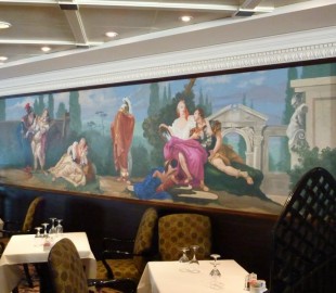 Azamara Journey  Discovery restaurant  Wood panelling and colourful wall and ceiling decor thoughout ship